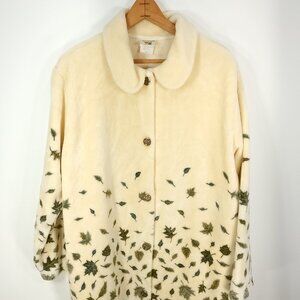 Vtg Cityscape Fleece Jacket Women's XXL Cream Green Leaves Print Button Front